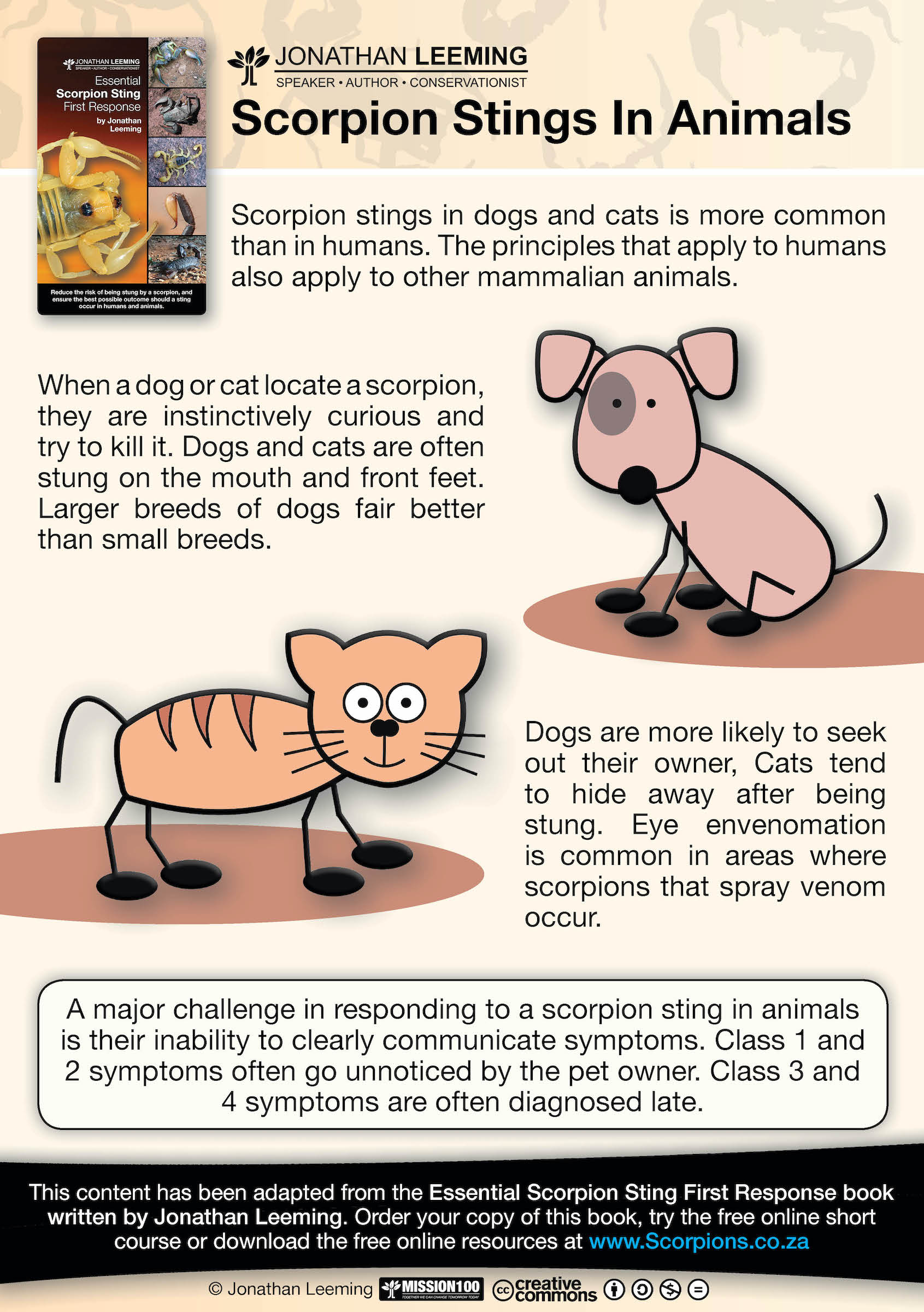 Scorpion stings in dogs and cats is more common than in humans. The principles that apply to humans also apply to other mammalian animals.